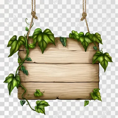 Illustrated blank wooden hanging sign, with vines, isolated on white background