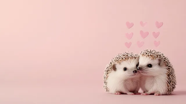 Two Kissing Hedgehogs in a Romantic Setting with Hearts on Pink Background
