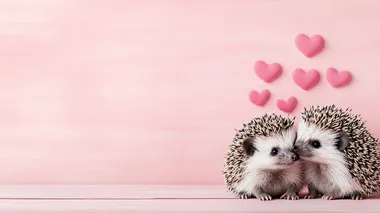 two kissing hedgehogs, hearts above them, solid pink background, studio light     mkkcr82 --s 250