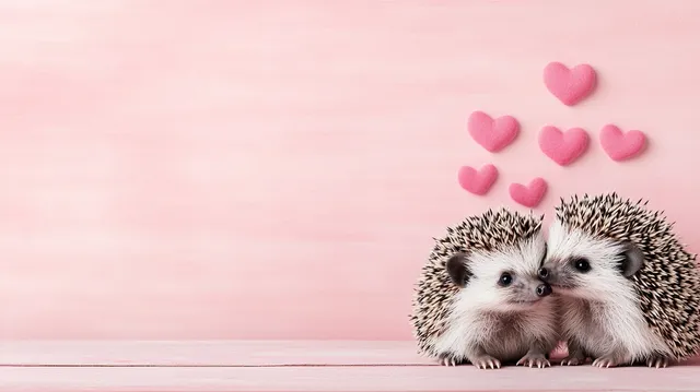 Two Kissing Hedgehogs with Hearts on Pink Background in Studio Light