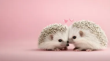 two kissing hedgehogs, hearts above them, solid pink background, studio light     mkkcr82 --s 250