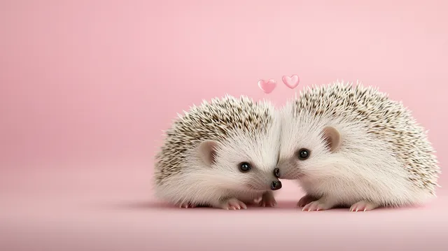 Two Hedgehogs Kissing with Hearts on Pink Background in Studio Light