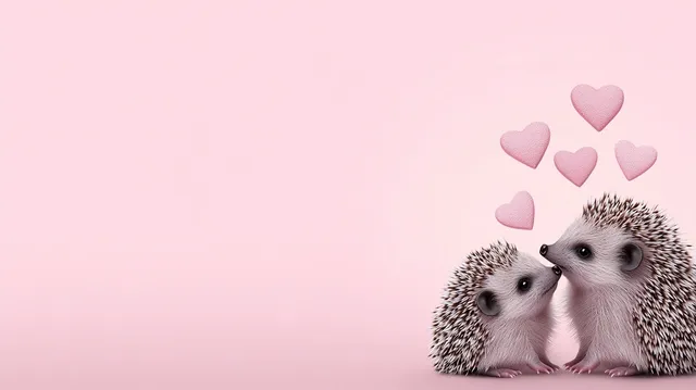 Two Kissing Hedgehogs with Hearts on Pink Background in Studio Light