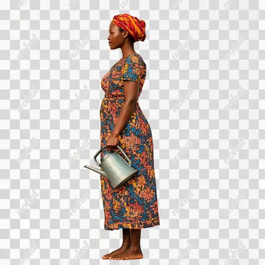 a photo of a malawian woman standing holding a watering can, side view isolated