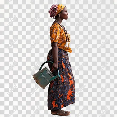a photo of a malawian woman standing holding a watering can, side view isolated