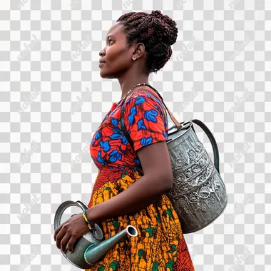 a photo of a malawian woman standing holding a watering can, side view isolated