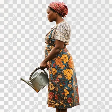 a photo of a malawian woman standing holding a watering can, side view isolated