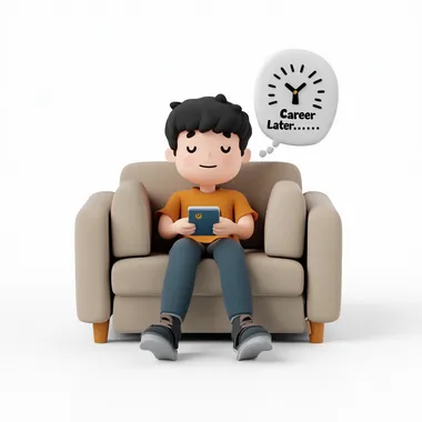 Pixar-style 3D human student sitting on a couch on pure white background, looking at a phone with a gaming app open. A closed door labeled "Career Center" glows faintly in the distance, ignored. The student's expression is relaxed but apathetic, with a thought bubble showing a clock and a "Later..." text. Minimal details: no shadows, no textures, flat pastel colors