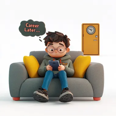 Pixar-style 3D human student sitting on a couch on pure white background, looking at a phone with a gaming app open. A closed door labeled "Career Center" glows faintly in the distance, ignored. The student's expression is relaxed but apathetic, with a thought bubble showing a clock and a "Later..." text. Minimal details: no shadows, no textures, flat pastel colors