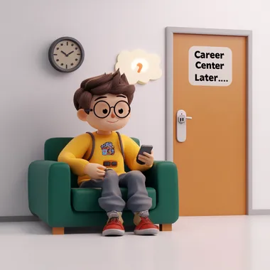 Pixar-style 3D human student sitting on a couch on pure white background, looking at a phone with a gaming app open. A closed door labeled "Career Center" glows faintly in the distance, ignored. The student's expression is relaxed but apathetic, with a thought bubble showing a clock and a "Later..." text. Minimal details: no shadows, no textures, flat pastel colors