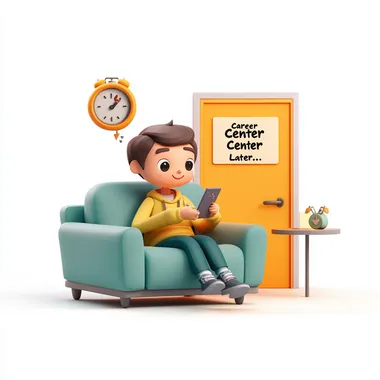 Pixar-style 3D human student sitting on a couch on pure white background, looking at a phone with a gaming app open. A closed door labeled "Career Center" glows faintly in the distance, ignored. The student's expression is relaxed but apathetic, with a thought bubble showing a clock and a "Later..." text. Minimal details: no shadows, no textures, flat pastel colors