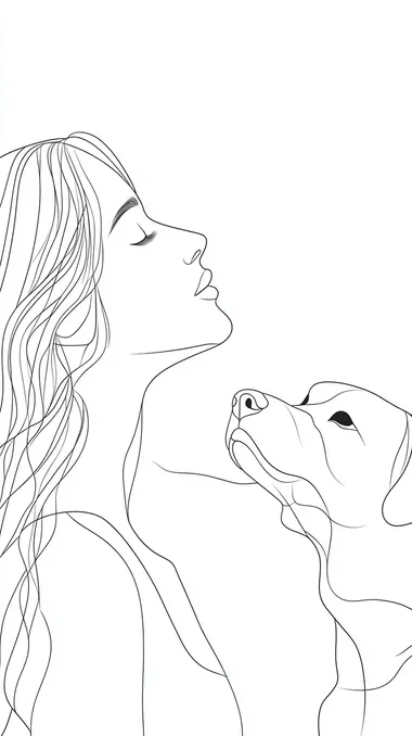 A black-and-white 2D illustration of a woman and her dog, drawn with simple and abstract lines, no colors or textures, only black outlines, minimalistic facial expressions, clean white background, minimalist and modern cartoon style, flat and simple design