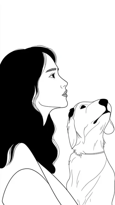 A black-and-white 2D illustration of a woman and her dog, drawn with simple and abstract lines, no colors or textures, only black outlines, minimalistic facial expressions, clean white background, minimalist and modern cartoon style, flat and simple design