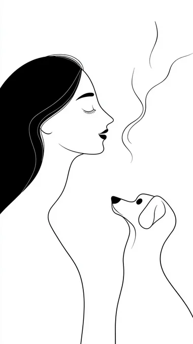 A black-and-white 2D illustration of a woman and her dog, drawn with simple and abstract lines, no colors or textures, only black outlines, minimalistic facial expressions, clean white background, minimalist and modern cartoon style, flat and simple design