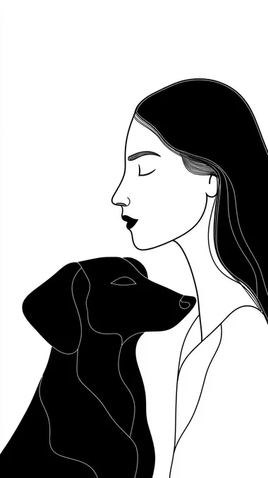 A black-and-white 2D illustration of a woman and her dog, drawn with simple and abstract lines, no colors or textures, only black outlines, minimalistic facial expressions, clean white background, minimalist and modern cartoon style, flat and simple design