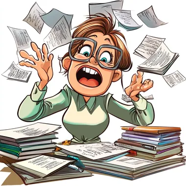 an overwhelmed bookkeeper who still looks happy in professional environment cartoon style