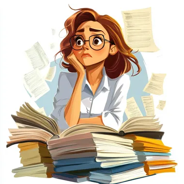 an overwhelmed bookkeeper who still looks happy in professional environment cartoon style