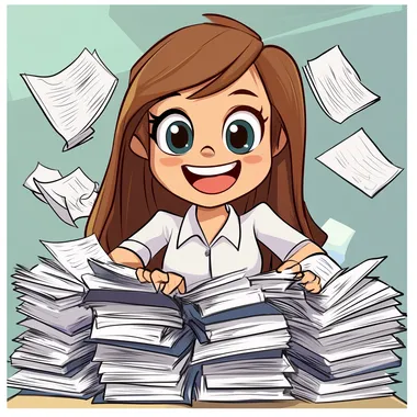 an overwhelmed bookkeeper who still looks happy in professional environment cartoon style