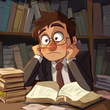 an overwhelmed bookkeeper who still looks happy in professional environment cartoon style