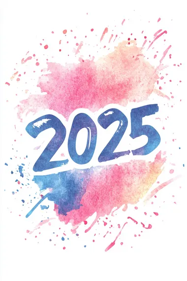 a "2025" text design, handwritten script style, watercolor texture, pastel gradient colors, isolated on white background