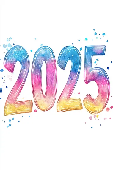 a "2025" text design, handwritten script style, watercolor texture, pastel gradient colors, isolated on white background