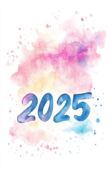 a "2025" text design, handwritten script style, watercolor texture, pastel gradient colors, isolated on white background