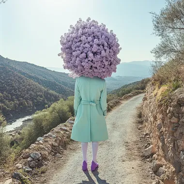 A surreal and artistic image from the side of a person wearing a long mint coat, white socks, and vibrant lilac shoes, standing on a rustic road winding through the olive and almond groves of Ulldemolins, Catalunya. Instead of a head, a large lilac bloom with delicate petals extends outward, contrasting against the sun-drenched, rocky landscape and the distant Montsant mountains. The rugged terrain, with hints of ancient stone walls and a shimmering river, adds an organic, earthy element to the minimalistic composition. The scene exudes an ethereal, dreamlike atmosphere infused with Mediterranean warmth