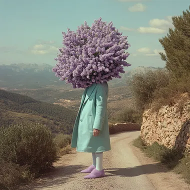 A surreal and artistic image from the side of a person wearing a long mint coat, white socks, and vibrant lilac shoes, standing on a rustic road winding through the olive and almond groves of Ulldemolins, Catalunya. Instead of a head, a large lilac bloom with delicate petals extends outward, contrasting against the sun-drenched, rocky landscape and the distant Montsant mountains. The rugged terrain, with hints of ancient stone walls and a shimmering river, adds an organic, earthy element to the minimalistic composition. The scene exudes an ethereal, dreamlike atmosphere infused with Mediterranean warmth