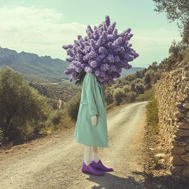 A surreal and artistic image from the side of a person wearing a long mint coat, white socks, and vibrant lilac shoes, standing on a rustic road winding through the olive and almond groves of Ulldemolins, Catalunya. Instead of a head, a large lilac bloom with delicate petals extends outward, contrasting against the sun-drenched, rocky landscape and the distant Montsant mountains. The rugged terrain, with hints of ancient stone walls and a shimmering river, adds an organic, earthy element to the minimalistic composition. The scene exudes an ethereal, dreamlike atmosphere infused with Mediterranean warmth