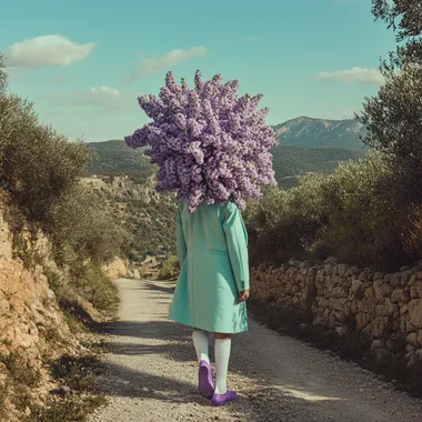 A surreal and artistic image from the side of a person wearing a long mint coat, white socks, and vibrant lilac shoes, standing on a rustic road winding through the olive and almond groves of Ulldemolins, Catalunya. Instead of a head, a large lilac bloom with delicate petals extends outward, contrasting against the sun-drenched, rocky landscape and the distant Montsant mountains. The rugged terrain, with hints of ancient stone walls and a shimmering river, adds an organic, earthy element to the minimalistic composition. The scene exudes an ethereal, dreamlike atmosphere infused with Mediterranean warmth