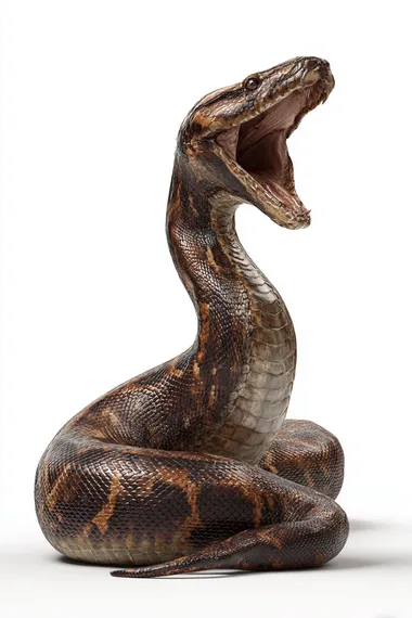 Fierce python, fierce, with a python standing on the upper body, clear scales, mouth open, realistic texture, high clarity, rich details, CG animation rendering texture, pure white background