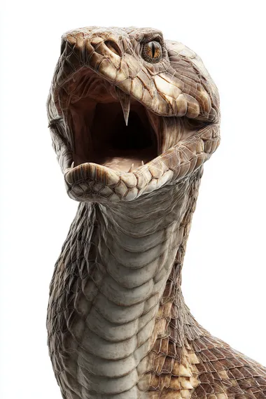 Fierce python, fierce, with a python standing on the upper body, clear scales, mouth open, realistic texture, high clarity, rich details, CG animation rendering texture, pure white background
