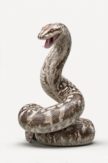 Fierce python, fierce, with a python standing on the upper body, clear scales, mouth open, realistic texture, high clarity, rich details, CG animation rendering texture, pure white background