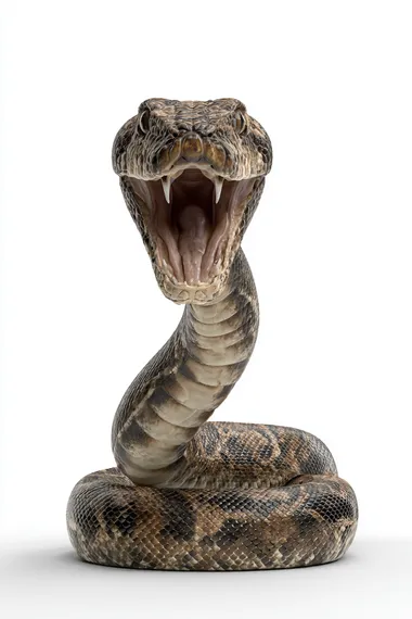 Fierce python, fierce, with a python standing on the upper body, clear scales, mouth open, realistic texture, high clarity, rich details, CG animation rendering texture, pure white background