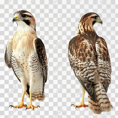 photorealistic full body shoot of a chickenhawk. Create multiple variations of the bird with differnt angles. Photo taken in front a white background. A stobe light on the left hand side and a fill light on the right hand side creating subtle shadows. Photo is super high quality, ultra high definition