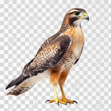 photorealistic full body shoot of a chickenhawk. Create multiple variations of the bird with differnt angles. Photo taken in front a white background. A stobe light on the left hand side and a fill light on the right hand side creating subtle shadows. Photo is super high quality, ultra high definition