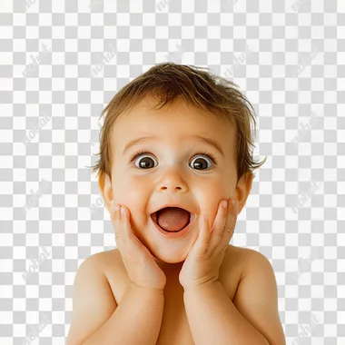 photography of a brazilian baby face on a white background, very happy, excited and surprised, looking at the camera, hands on the face, Kodak Portra 400
