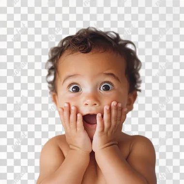 photography of a brazilian baby face on a white background, very happy, excited and surprised, looking at the camera, hands on the face, Kodak Portra 400