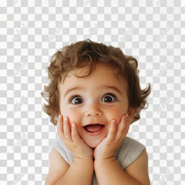photography of a brazilian baby face on a white background, very happy, excited and surprised, looking at the camera, hands on the face, Kodak Portra 400