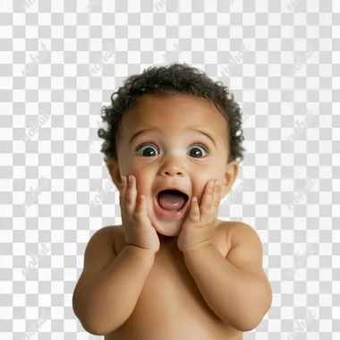 photography of a brazilian baby face on a white background, very happy, excited and surprised, looking at the camera, hands on the face, Kodak Portra 400