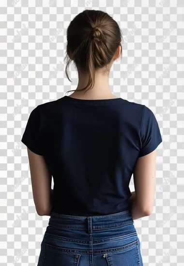 body of a woman showing the back, wearing a dark blue t-shirt and jeans, against a light grey background with natural lighting, in the style of Peter Lindbergh, shot on a Hasselblad H6D-400c Multi-Shot camera.
