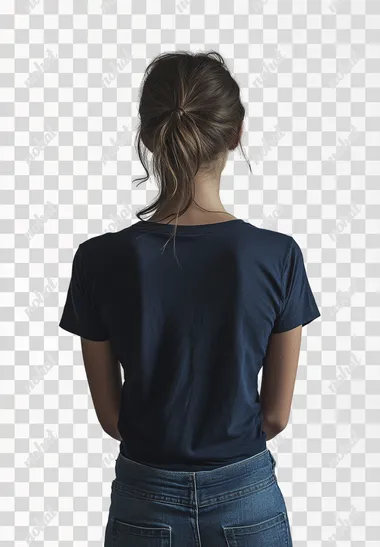 body of a woman showing the back, wearing a dark blue t-shirt and jeans, against a light grey background with natural lighting, in the style of Peter Lindbergh, shot on a Hasselblad H6D-400c Multi-Shot camera.