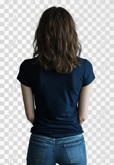 body of a woman showing the back, wearing a dark blue t-shirt and jeans, against a light grey background with natural lighting, in the style of Peter Lindbergh, shot on a Hasselblad H6D-400c Multi-Shot camera.