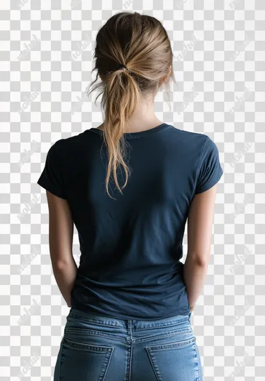 body of a woman showing the back, wearing a dark blue t-shirt and jeans, against a light grey background with natural lighting, in the style of Peter Lindbergh, shot on a Hasselblad H6D-400c Multi-Shot camera.