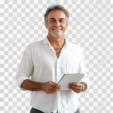 man with Brazilian features aged 60 with an iPad in his hand, light smile white shirt and dark gray pants studio photo white background