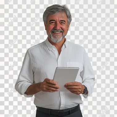 man with Brazilian features aged 60 with an iPad in his hand, light smile white shirt and dark gray pants studio photo white background