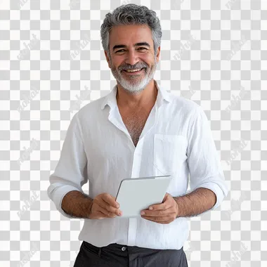 man with Brazilian features aged 60 with an iPad in his hand, light smile white shirt and dark gray pants studio photo white background