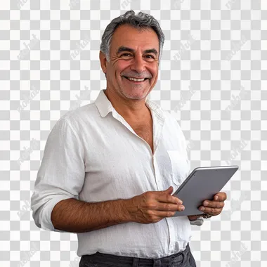 man with Brazilian features aged 60 with an iPad in his hand, light smile white shirt and dark gray pants studio photo white background