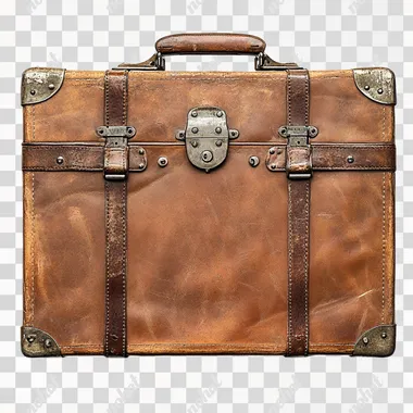 A realistic vintage suitcase viewed from above, made of aged brown leather with subtle scratches and patina, detailed silver hardware with intricate clasps, and a sturdy leather handle. . The suitcase rests on a clean, white background with no shadow, highlighting its textures and details. The focus is sharp, with fine attention to the leather grain, stitching, and metallic reflections on the hardware. Hyper-realistic, studio lighting, ultra-detailed --s 250
