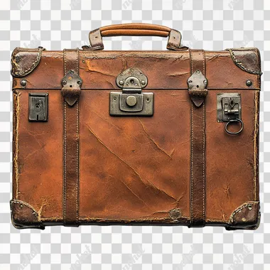 A realistic vintage suitcase viewed from above, made of aged brown leather with subtle scratches and patina, detailed silver hardware with intricate clasps, and a sturdy leather handle. . The suitcase rests on a clean, white background with no shadow, highlighting its textures and details. The focus is sharp, with fine attention to the leather grain, stitching, and metallic reflections on the hardware. Hyper-realistic, studio lighting, ultra-detailed --s 250